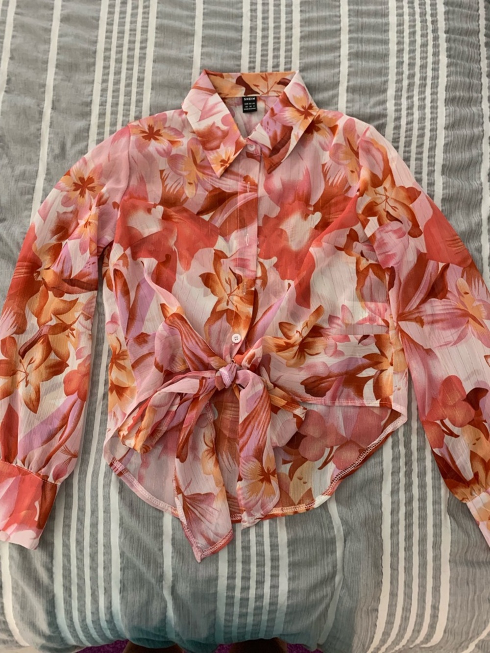 SHEIN Pink & Orange Floral Tie-Front Button Down Shirt